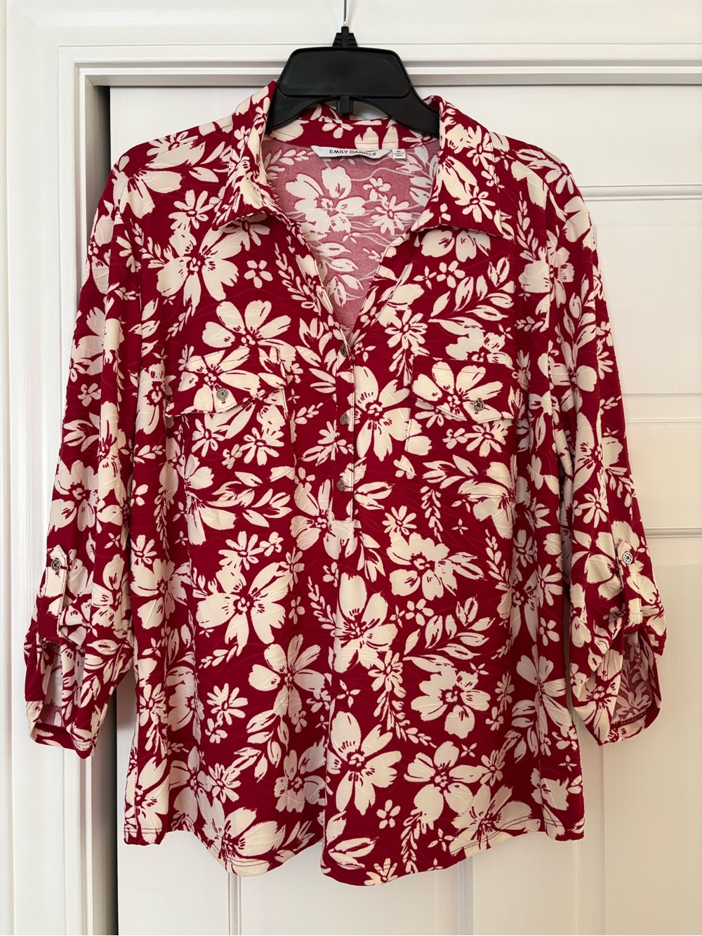 Women’s Red Floral Button-Front Shirt with Cream Print